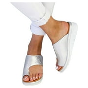 qucoqpe Comfy Flat Sole PU Leather Shoes for Womens Orthopedic Bunion Corrector Sandals Casual Summer Soft Ring Slides Flip Flops Slippers on Clearance
